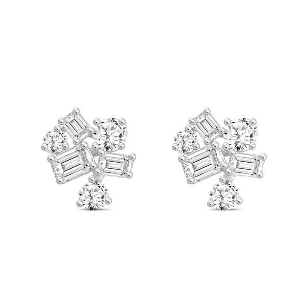 LADIES STUD EARRINGS 3 1/2CT EMERALD/ROUND DIAMOND 14K WHITE GOLD