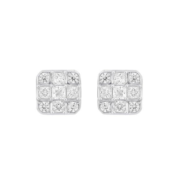 LADIES EARRINGS 1CT ROUND/PRINCESS DIAMOND 14K WHITE GOLD