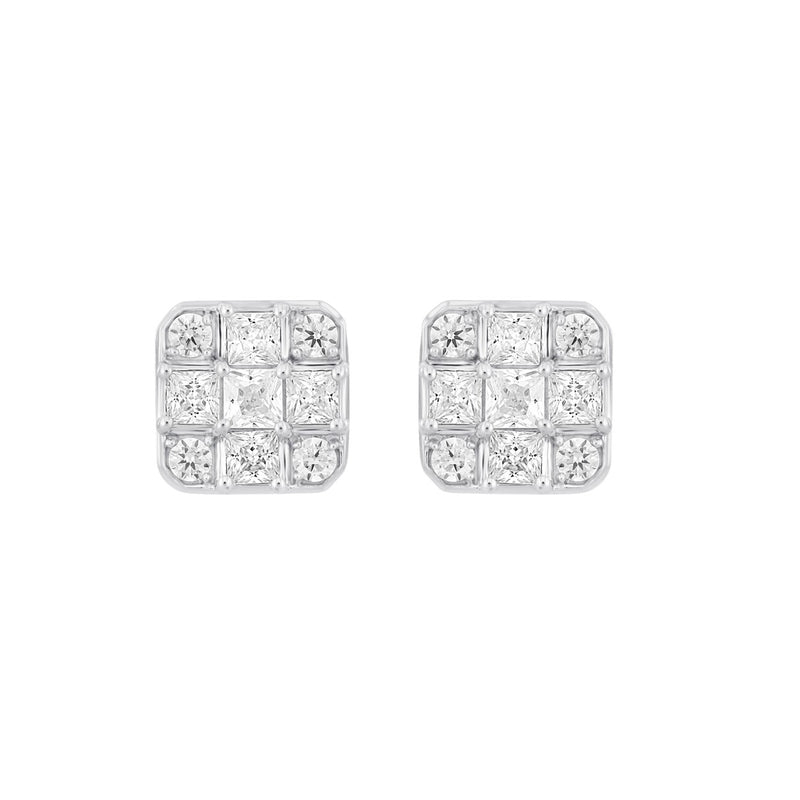 LADIES EARRINGS 1CT ROUND/PRINCESS DIAMOND 14K WHITE GOLD