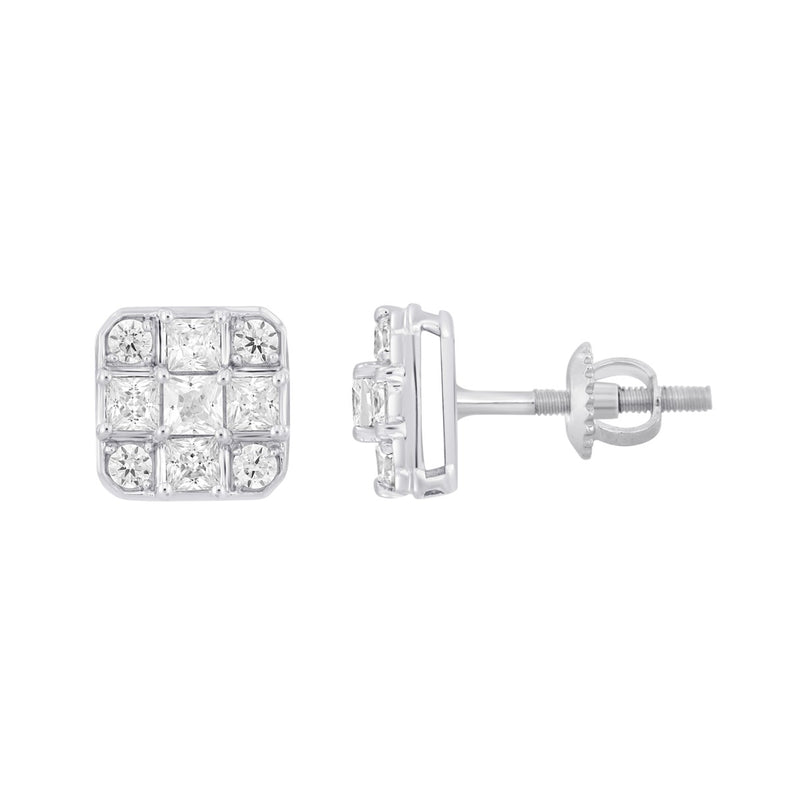 LADIES EARRINGS 1CT ROUND/PRINCESS DIAMOND 14K WHITE GOLD