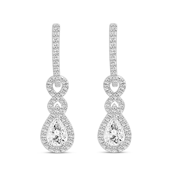 LADIES HOOPS EARRINGS 2.00CT ROUND/PEAR DIAMOND 14K WHITE GOLD