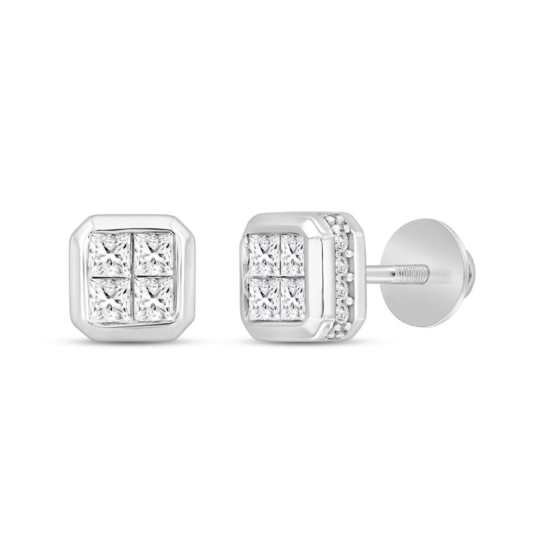 LADIES EARRINGS 1.00CT ROUND/PRINCESS DIAMOND 14K WHITE GOLD