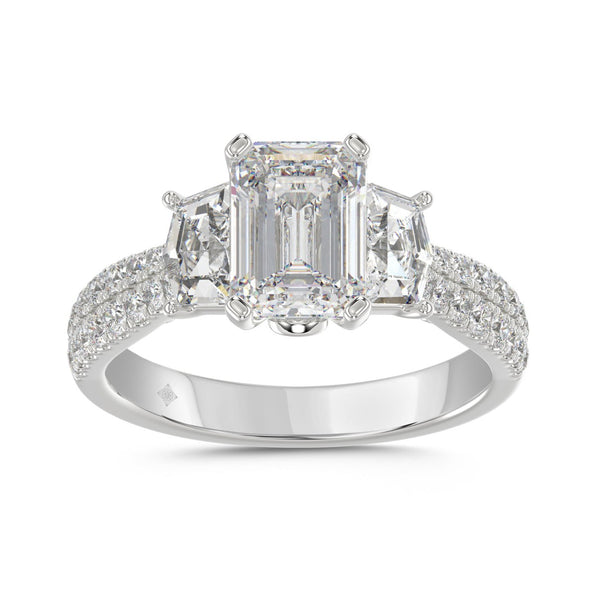 LADIES RING 3CT ROUND/EMERALD/CADILLAC DIAMOND 14K WHITE GOLD (CENTER STONE EMERALD DIAMOND 2CT )