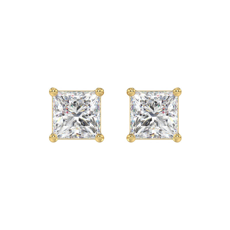 LADIES SOLITAIRE EARRINGS 4CT PRINCESS DIAMOND 14K YELLOW GOLD 