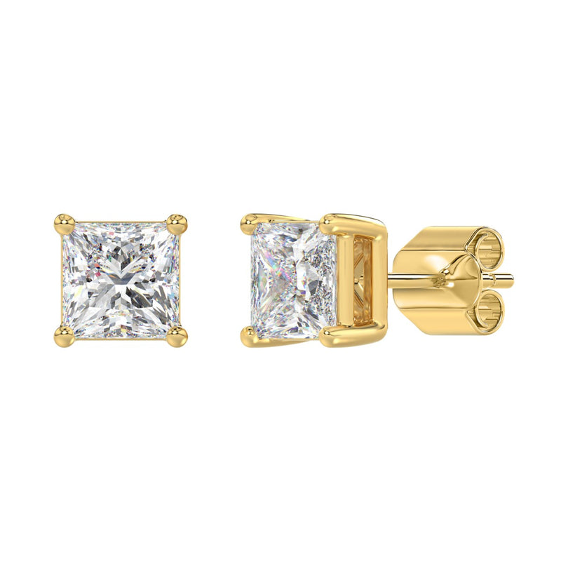 LADIES SOLITAIRE EARRINGS 4CT PRINCESS DIAMOND 14K YELLOW GOLD 