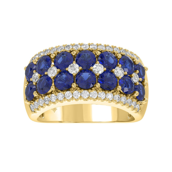 14K YELLOW GOLD 4.00CT ROUND/ROUND BLUE SAPPHIRE DIAMOND LADIES RING