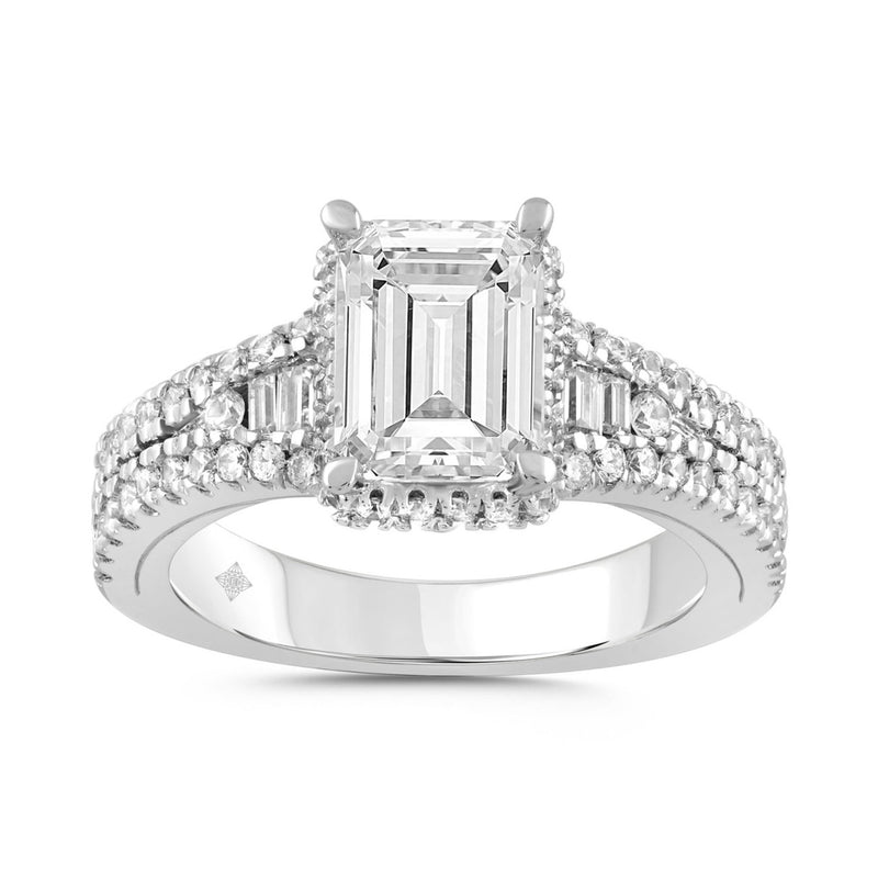 LADIES RING 2.50CT ROUND/BAGUETTE/EMERALD DIAMOND 14K WHITE GOLD (CENTER STONE EMERALD DIAMOND 2.00CT)
