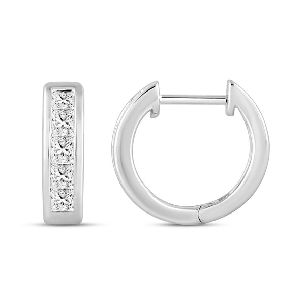 LADIES HOOPS EARRINGS 1.00CT PRINCESS DIAMOND 14K WHITE GOLD