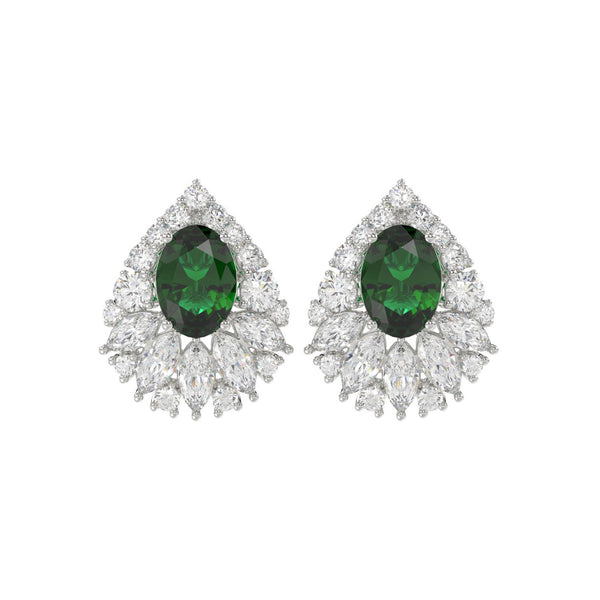 LADIES EARRINGS 4.50CT ROUND/MARQUISE/OVAL DIAMOND 14K WHITE GOLD (CENTER STONE GREEN EMERALD OVAL DIAMOND 2 1/2CT)