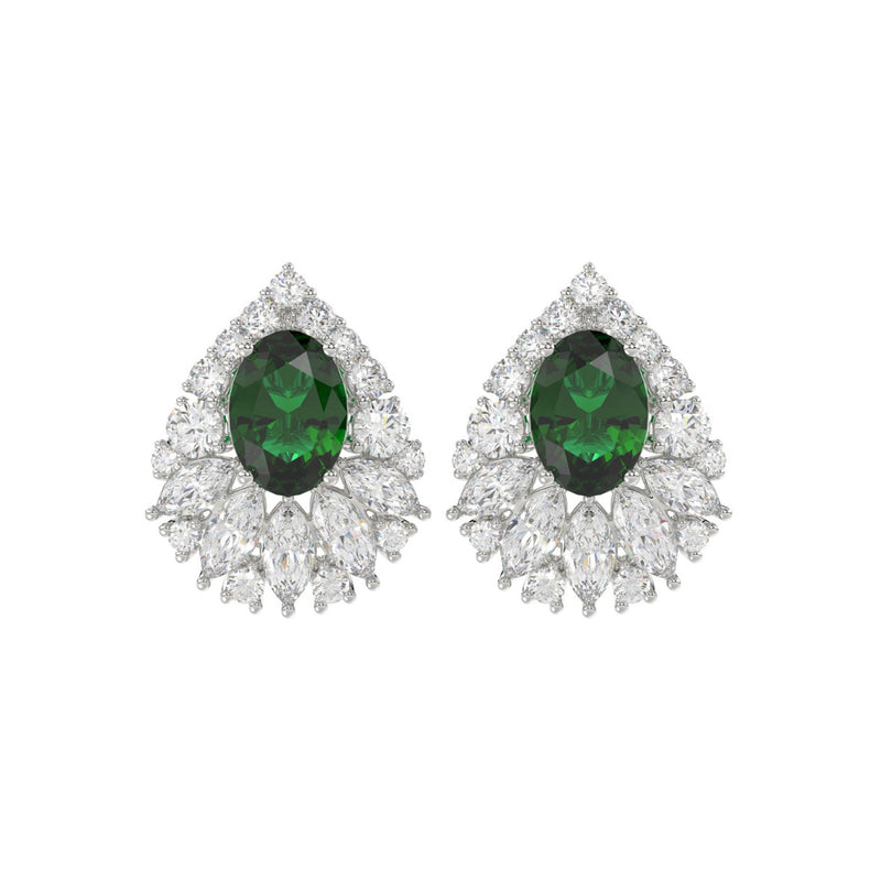 LADIES EARRINGS 4.50CT ROUND/MARQUISE/OVAL DIAMOND 14K WHITE GOLD (CENTER STONE GREEN EMERALD OVAL DIAMOND 2 1/2CT)