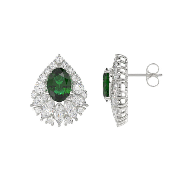 LADIES EARRINGS 4.50CT ROUND/MARQUISE/OVAL DIAMOND 14K WHITE GOLD (CENTER STONE GREEN EMERALD OVAL DIAMOND 2 1/2CT)
