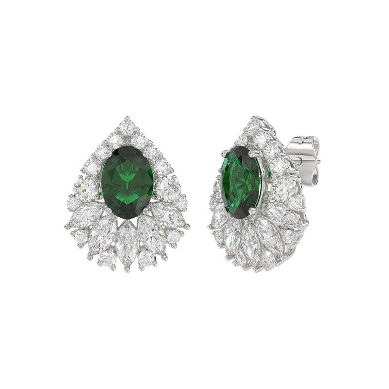 LADIES EARRINGS 4.50CT ROUND/MARQUISE/OVAL DIAMOND 14K WHITE GOLD (CENTER STONE GREEN EMERALD OVAL DIAMOND 2 1/2CT)