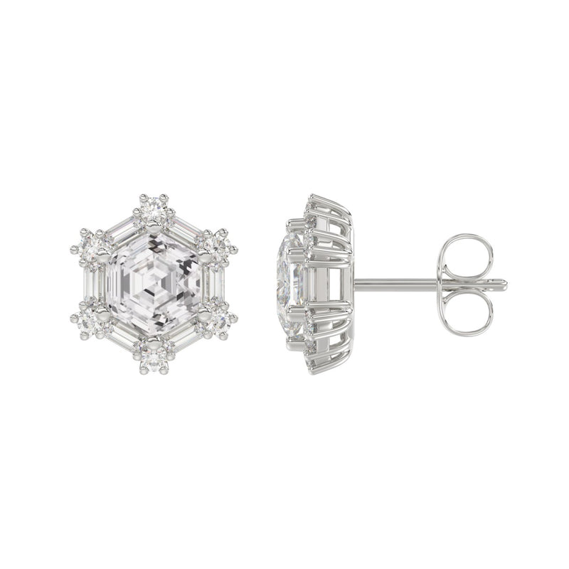 14K WHITE GOLD 1 1/4CT ROUND/BAGUETTE/HEZAGON STEP CUT DIAMOND LADIES EARRINGS