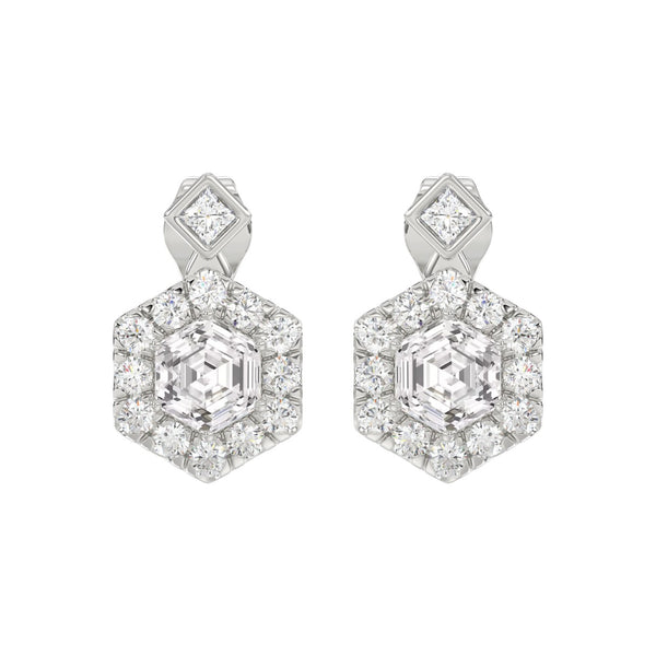 14KWHITE GOLD 2 1/4CT ROUND/HEXAGON STEP CUT DIAMOND LADIES EARRINGS