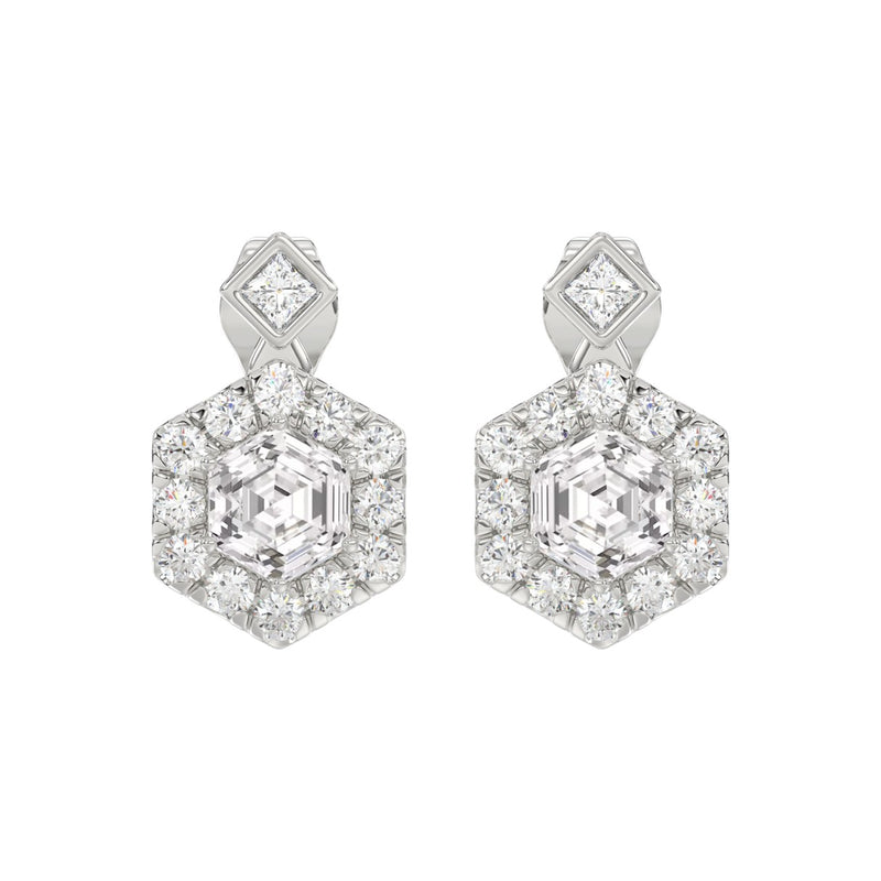 14KWHITE GOLD 2 1/4CT ROUND/HEXAGON STEP CUT DIAMOND LADIES EARRINGS
