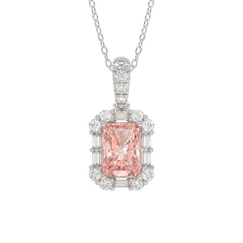 14K WHITE GOLD CRAFTED WITH 18K YELLOW GOLD BACK PLATE 1 1/4CT ROUND/BAGUETTE/PINK RADIANT DIAMOND LADIES PENDANT WITH CHAIN