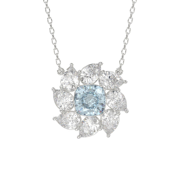 14K WHITE GOLD CRAFTED WITH 18K YELLOW GOLD BACK PLATE 2CT PEAR/BLUE CUSHION DIAMOND LADIES NECKLACE WITH CHAIN