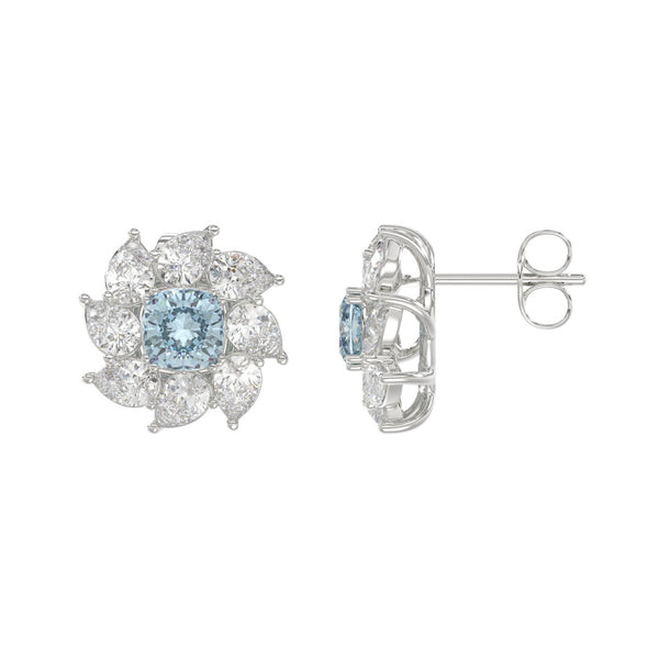 14K WHITE GOLD CRAFTED WITH 18K YELLOW GOLD BACK PLATE 2 5/8CT PEAR/BLUE CUSHION DIAMOND LADIES EARRINGS