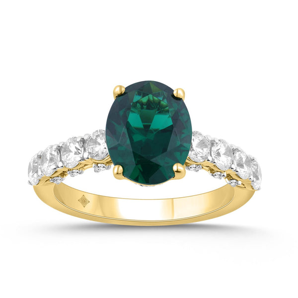 14K YELLOW GOLD 7.00CT ROUND/OVAL GREEN DIAMOND LADIES RING (CENTER STONE GREEN OVAL DIAMOND 6CT)